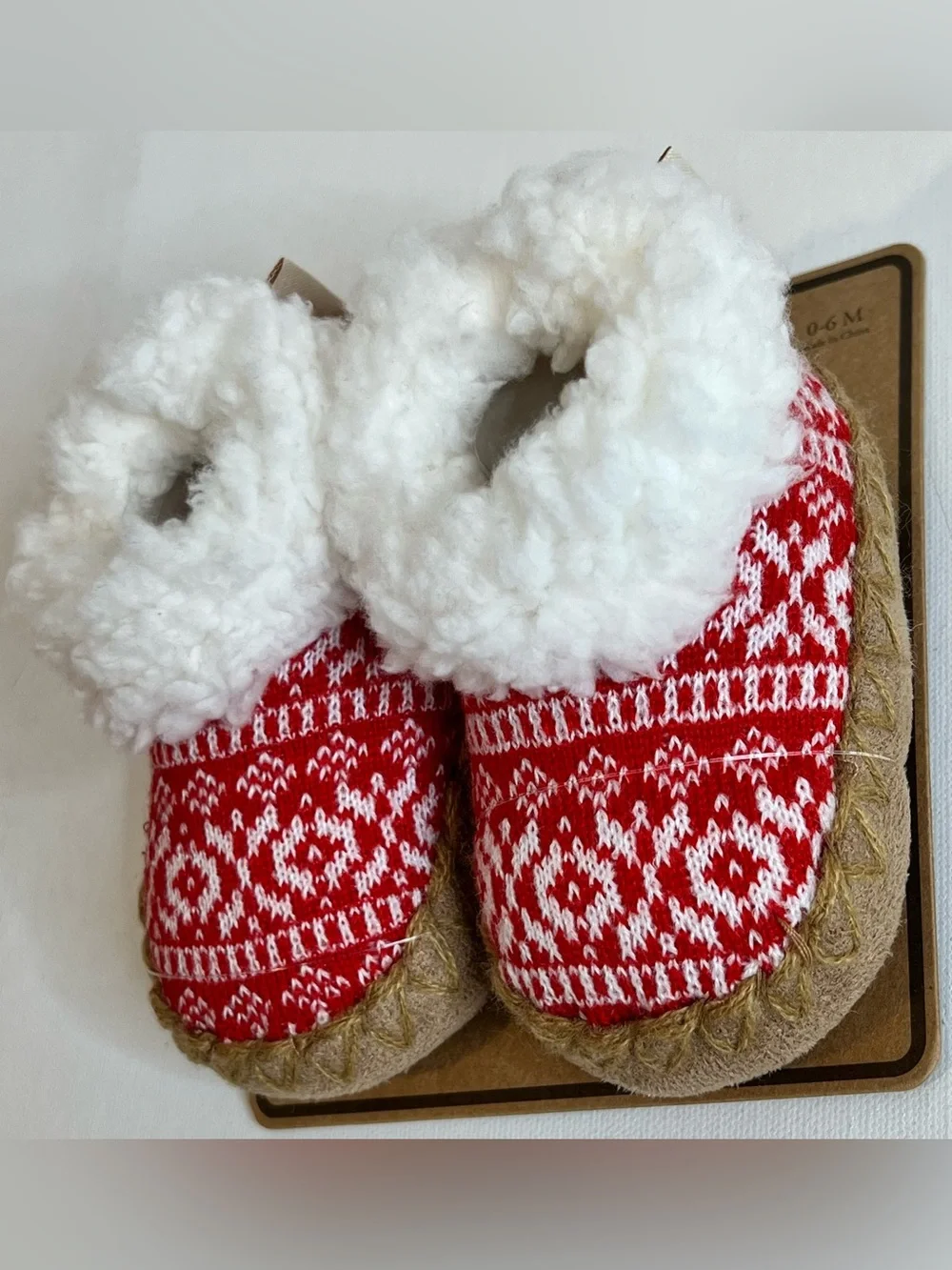 BearPaw Red Fair Isle Sherpa-Trim Baby Slippers